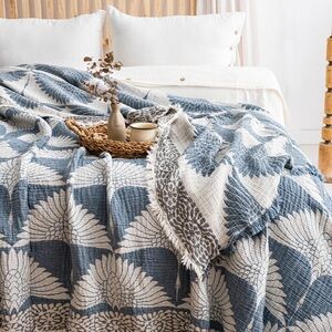 KING Luxury Bedspread Organic Muslin Quilted Crinkle  2 Side Peacock Teal Crane